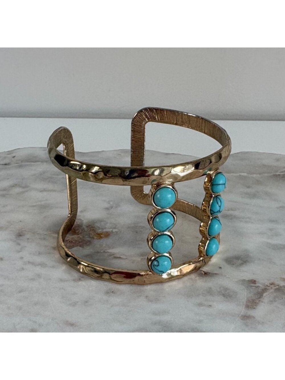 Gold Tone Turquoise Cabochon Cuff Bracelet Hammered Open Wide Bracelet Boho